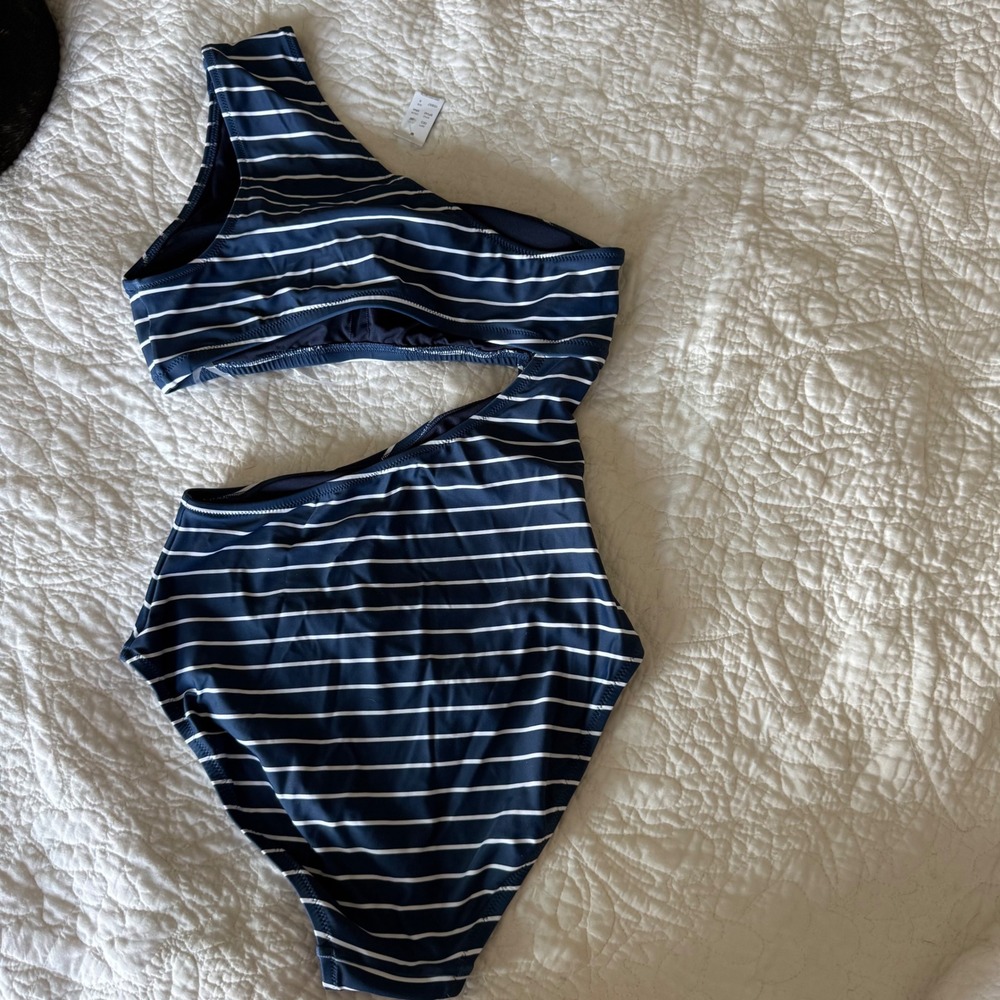 NWT J.Crew Re-Imagined One Shoulder Cutout Stripe Swimsuit Gold Buttons Sz 8 - Picture 4 of 8